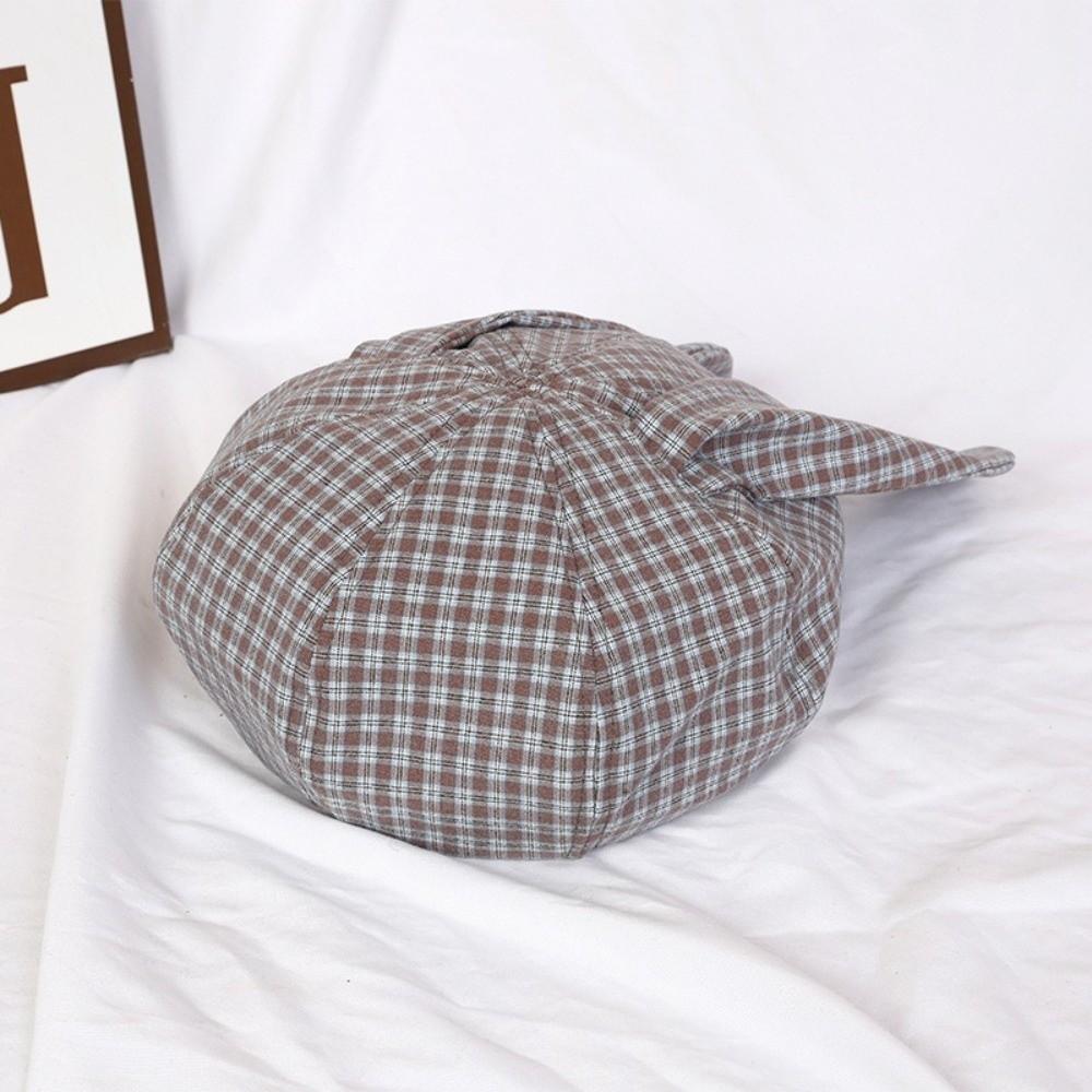 Korean Style Rabbit Ears Octagonal Hat Big Head Circumference Women Artist Hat Plaid Beret  Ladies