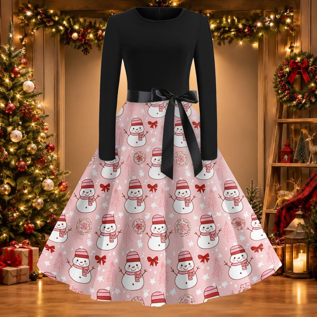 Women's Casual Christmas Print Long Sleeve Round Neck Slim Fit Flared Party Dress