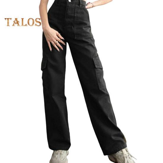 Damen-Cargohose, mittelhoher Bund, Knopfleiste, Reißverschluss, lässige Hose mit mehreren Taschen, gerades Bein, lockere Passform, einfarbig, lange Hose