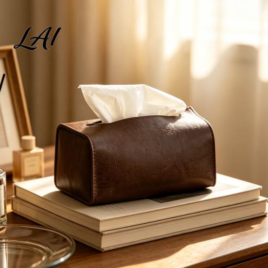 Multipurpose Storage Case PU Leather Tissue Box Foldable Retro Style Holder Dining Room Organizer Decorative Desktop Organizer for Office Desk Home