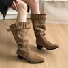 Large Tube Cow Suede Long Tube Boots  Spring Summer Retro Block Heel Skinny Pointed Toe Belt Buckle Pleated Pile Boots Women