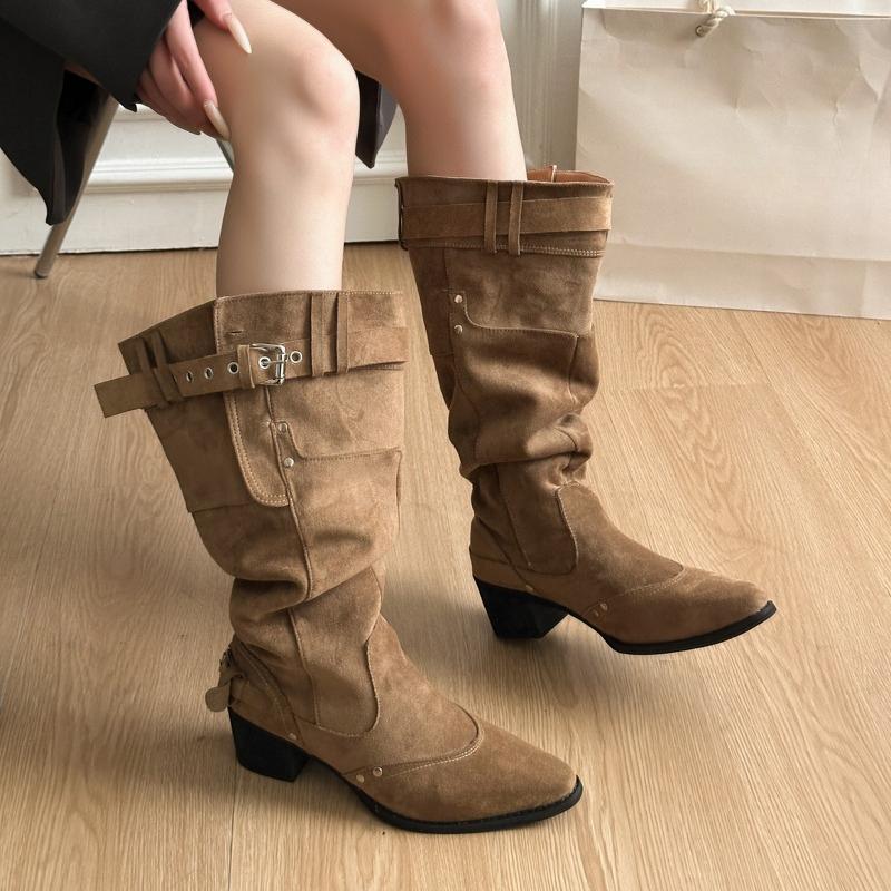 Large Tube Cow Suede Long Tube Boots  Spring Summer Retro Block Heel Skinny Pointed Toe Belt Buckle Pleated Pile Boots Women