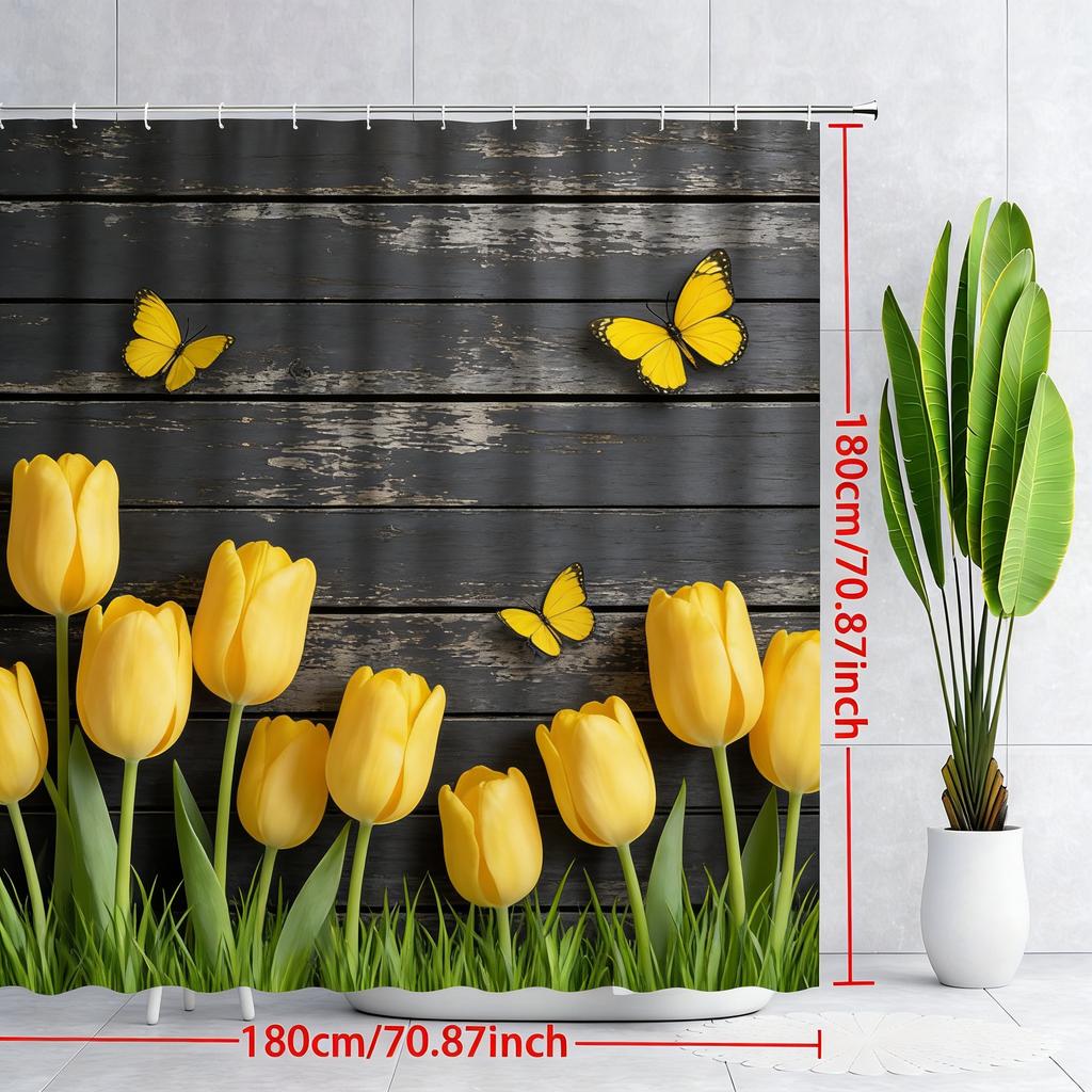 Vintage Pink Roses & White Butterflies On Rustic Wooden Planks Waterproof Shower Curtain For Bathroom Decor