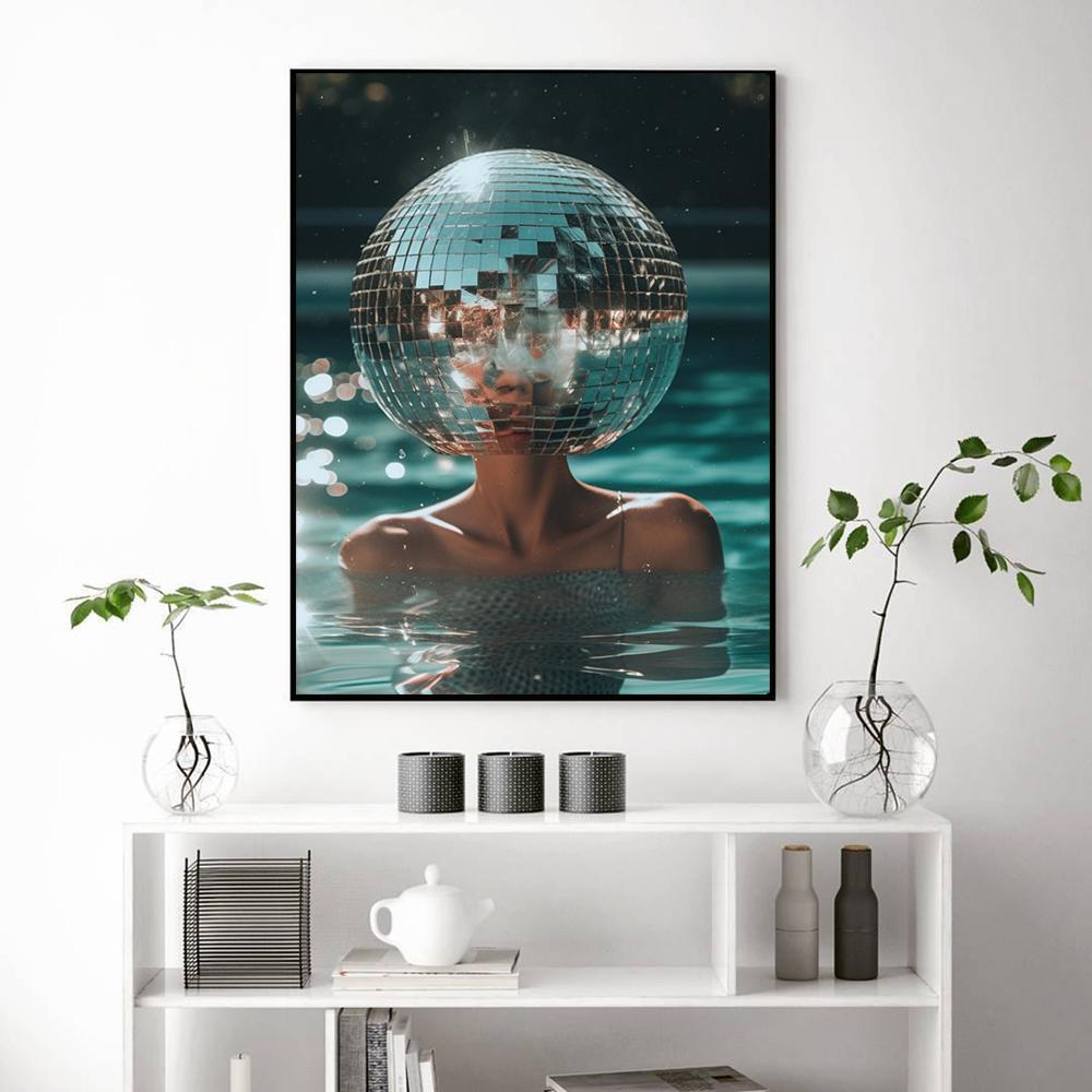 Disco Ball Pool Print Preppy Trendy Wall Art Pictures Girly Dorm Room Decor Funky Black Silver Swimming Canvas Painting Decor