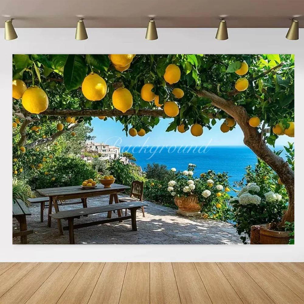 Banner Background with Lemon Tree Harvest Theme and Mediterranean Landscape Garden, Anniversary Room Decoration, Photo Backdrop