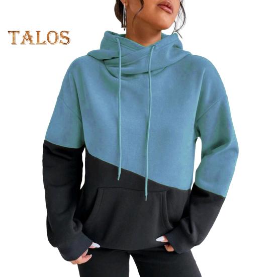 

Женская толстовка с капюшоном на осень-зиму с цветными блоками, завязками на шнурке, длинными рукавами, эластичными манжетами и подолом, большим карманом, плотный спортивный топ для фитнеса S синий