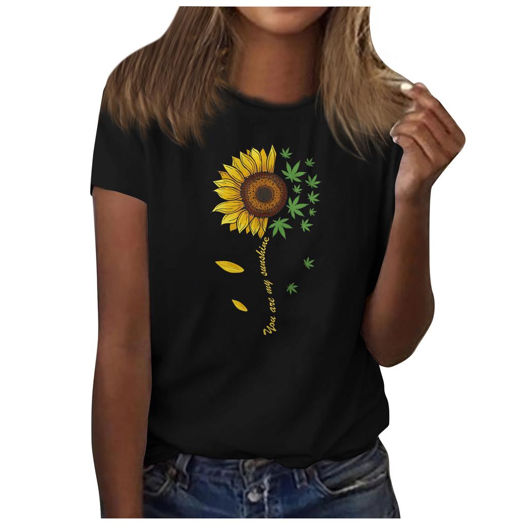 Sunflower Damen-Hemdoberteil mit süßem Aufdruck, kurzärmelig, Rundhalsausschnitt vorne und Schulter, Vintage-Kurzarm, Sommer-Lose-Shirt-Oberteil