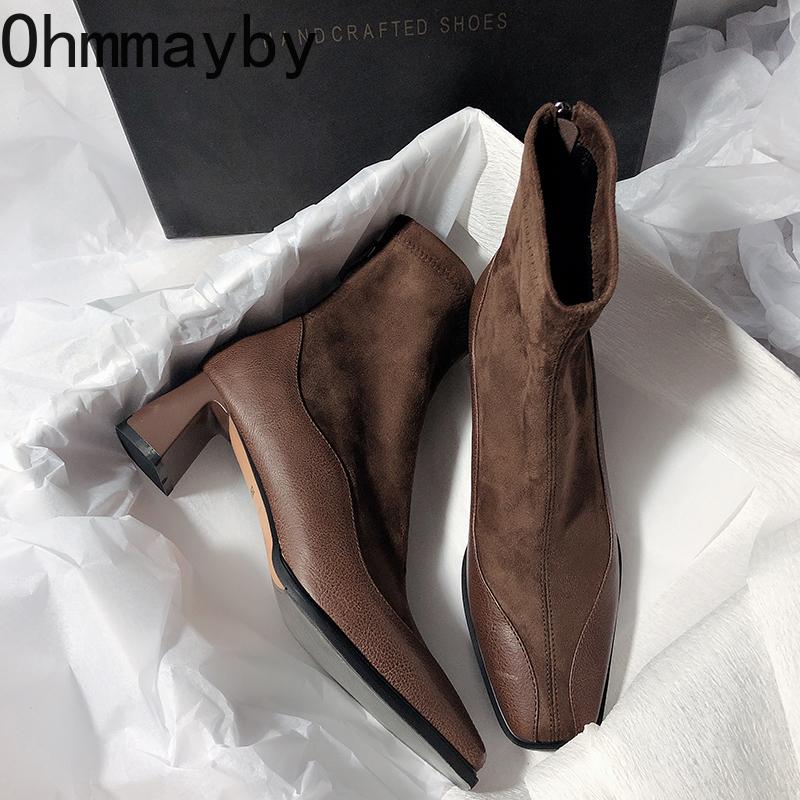 Autumn Vintage Thick Heel Women Ankle Boots Fashion Back Zippers Shoes Ladies Elegant Stretch Slim Short Booties