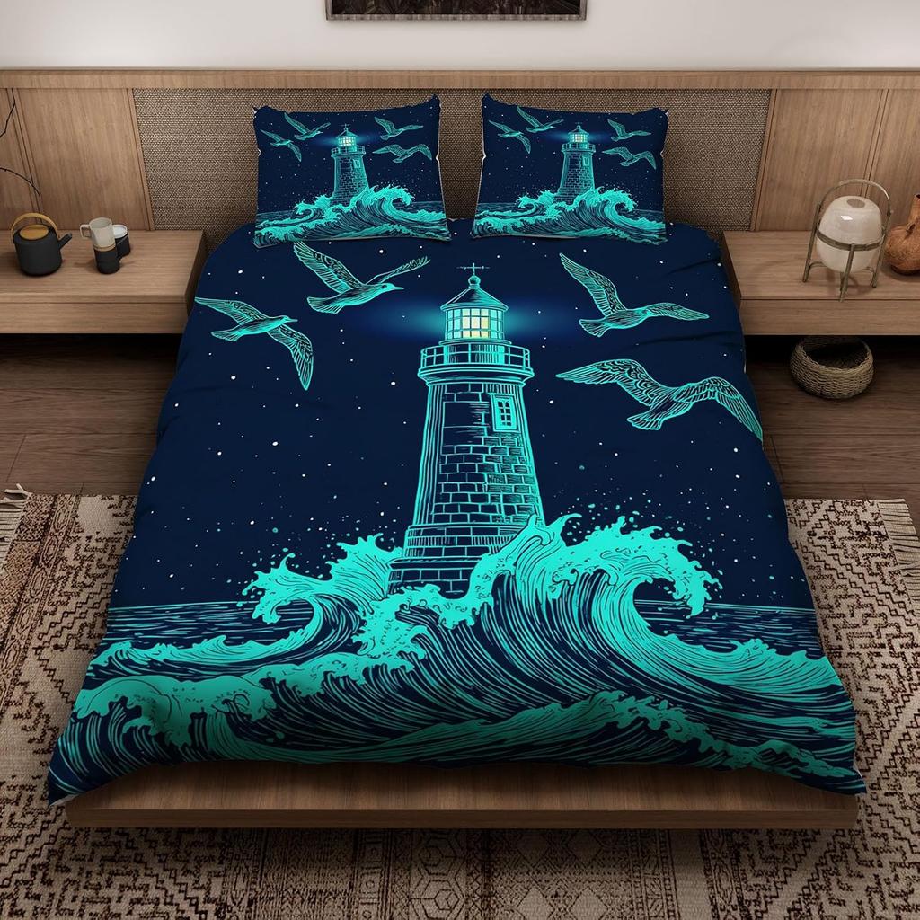 3D-Druck Leuchtturm Doppelbettwäsche-Set 2 Teile Reißverschluss Ozean Maritim Mikrofaser Bettbezug mit Kissenbezug 50*75cm