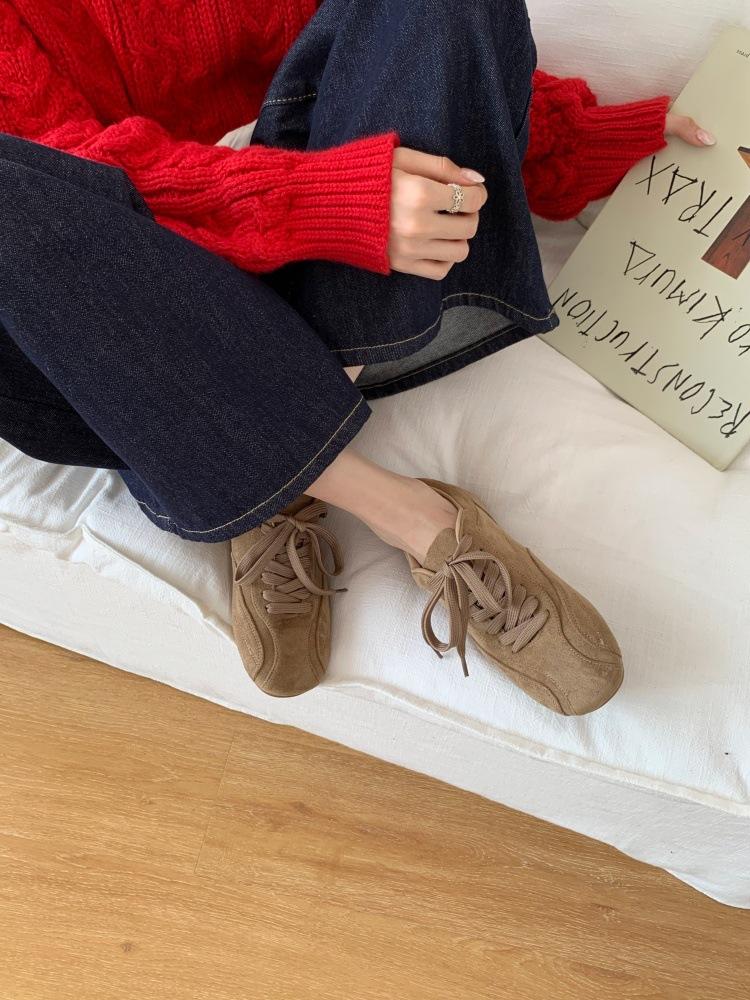 

Корейская версия замшевых туфель на шнуровке с круглым носком, универсальных, нескользящих, на платформе, повседневных, осень-зима 2025, новая женская обувь Dexun 39 хаки