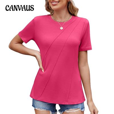 Women's Spring and Summer Round Neck Solid Color Diagonal Short-sleeved Loose T-shirt Top