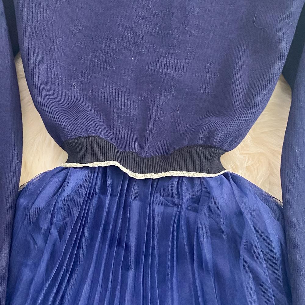 Høst Vinterklær Temperament Langermet Broderi Blomsterstrikket Mellomlang Kjole Uformell Spleising Mesh One Piece Dress