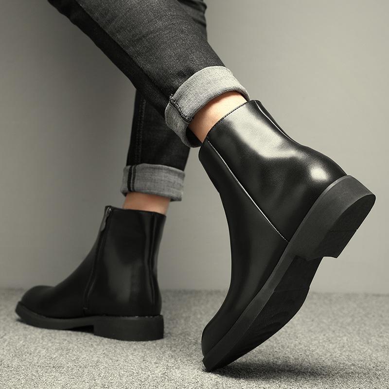 New Trend Leather Zipper Short Boots Men's High Top British Square Head Martin Boots Men's Shoes Chelsea Boots Flat Bottom