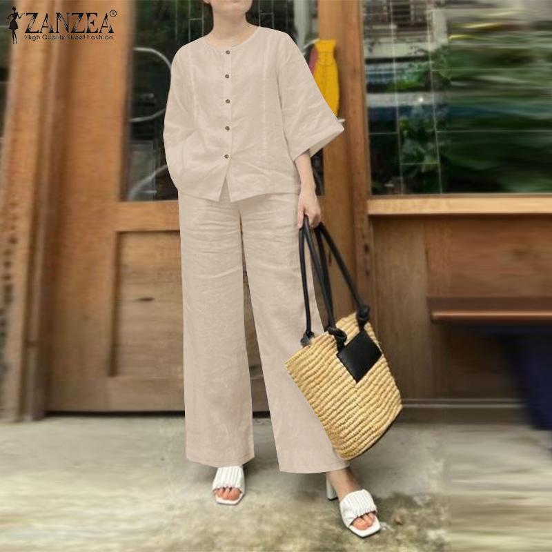 ZANZEA Set completo casual a due pezzi con camicetta e pantaloni da donna