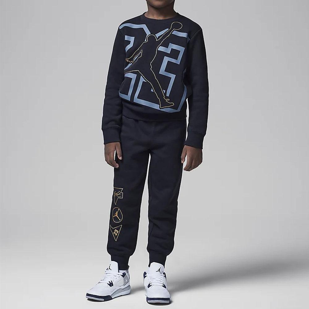 Jordan Casual Sports Suit Digital Print Pullover Long Sleeve Top Versatile Cuffed Pants Kids Suit Black HQ8596-010