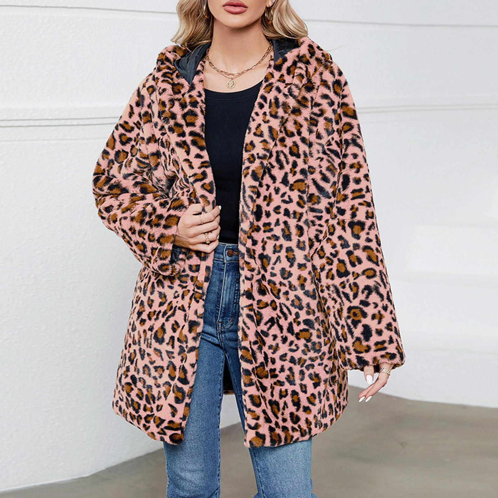 

Женское зимнее модное повседневное пальто средней длины из леопардового плюша с лацканами L розовый