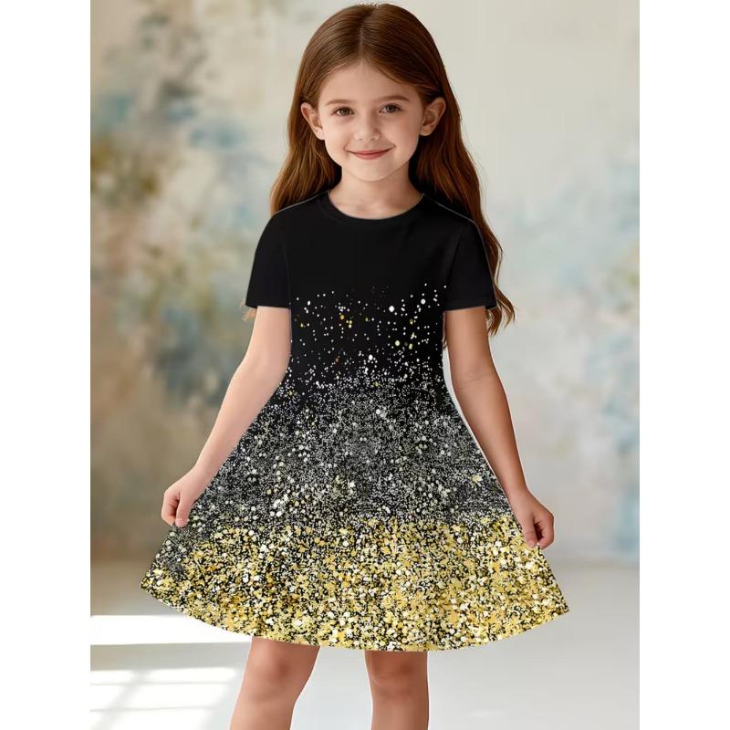Girls Dresses Vintage Sequin Print Summer Short Sleeve Dress Children's Birthday Gift Toddler Costume Elegant Frocks