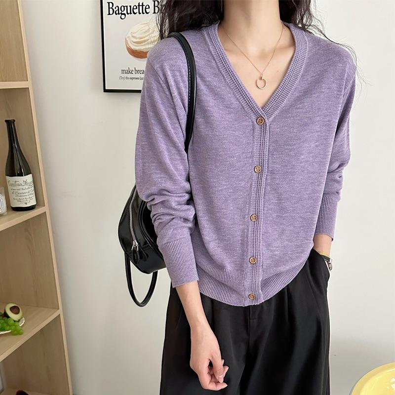 V-neck yellow long-sleeved knitted cardigan top, early autumn new lazy loose thin sweater jacket