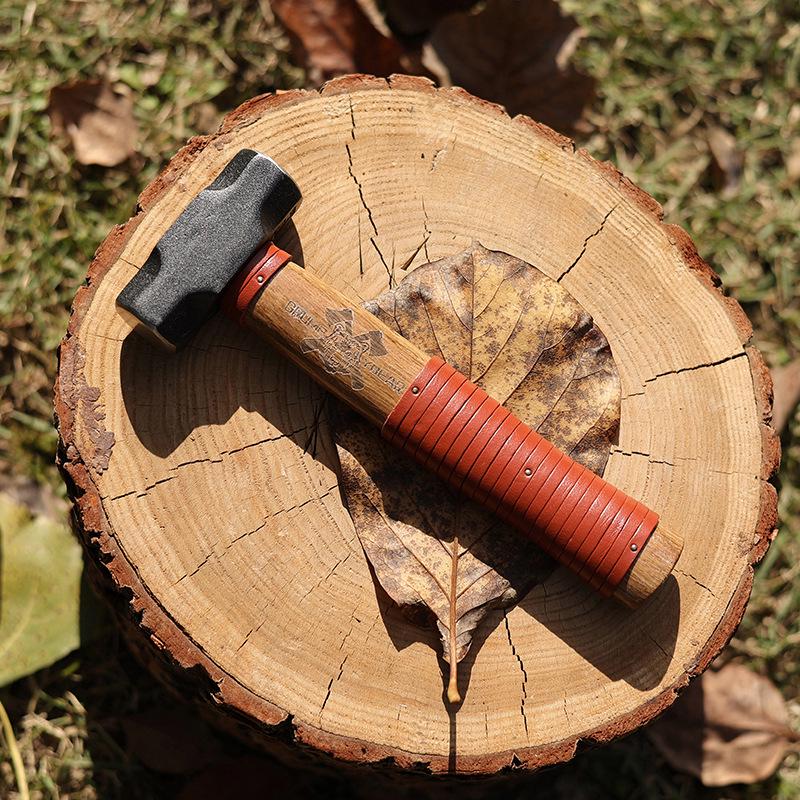 G&B Grumpy Bear Cowhide Handle Camping Hammer - Durable Forged Ground Nail Tool for Outdoor Craftsmanship