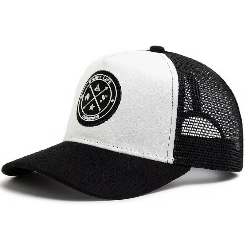 Adjustable Mesh Back Trucker Hat with Embroidered Circular Patch Logo Classic Baseball Cap for Outdoor Activities and Casual Wear One Size