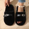 Cozy Furry Slippers for Women, Refined Golden Buckle for Strap Adjustment, Thick Warm Plush Slippers