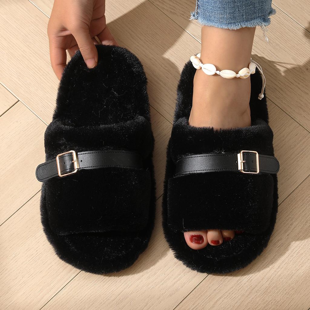 Cozy Furry Slippers for Women, Refined Golden Buckle for Strap Adjustment, Thick Warm Plush Slippers