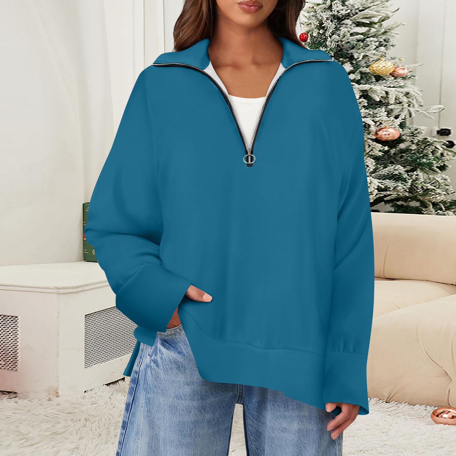 

Женский повседневный однотонный пуловер с застежкой-молнией на лацкане и боковыми разрезами, модная одежда L тёмно-синий