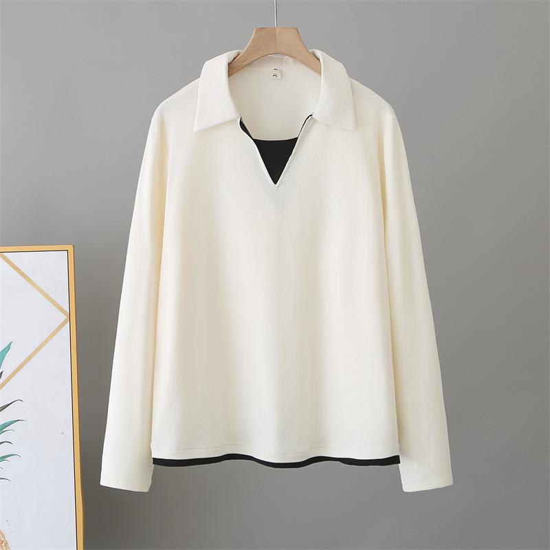 2026 Spring Plus Size Women's Long Sleeve Color Block 2-in-1 Cotton T-Shirt Slimming Top