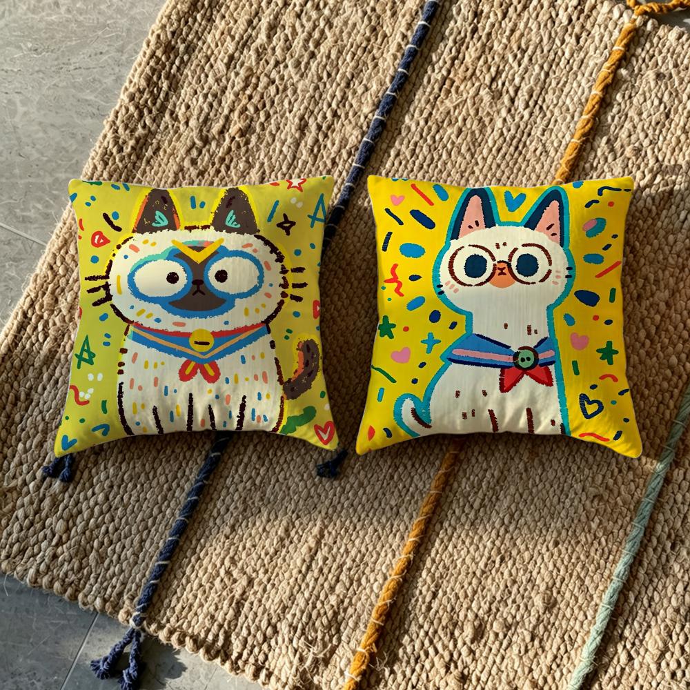 1P-Spring Day Cats Cushion Cover Cushion Cover Pillowcase, Anti-Mite Invisible Zipper, Linen Sofa Cushion