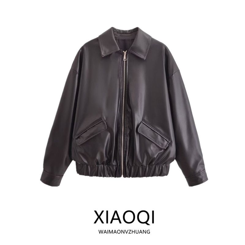 Fashion Style 2024 Fall and Winter New Arrival Female Stylish Easiest for Match Long Sleeves Imitation Leather Loose Jacket Coat 6046376