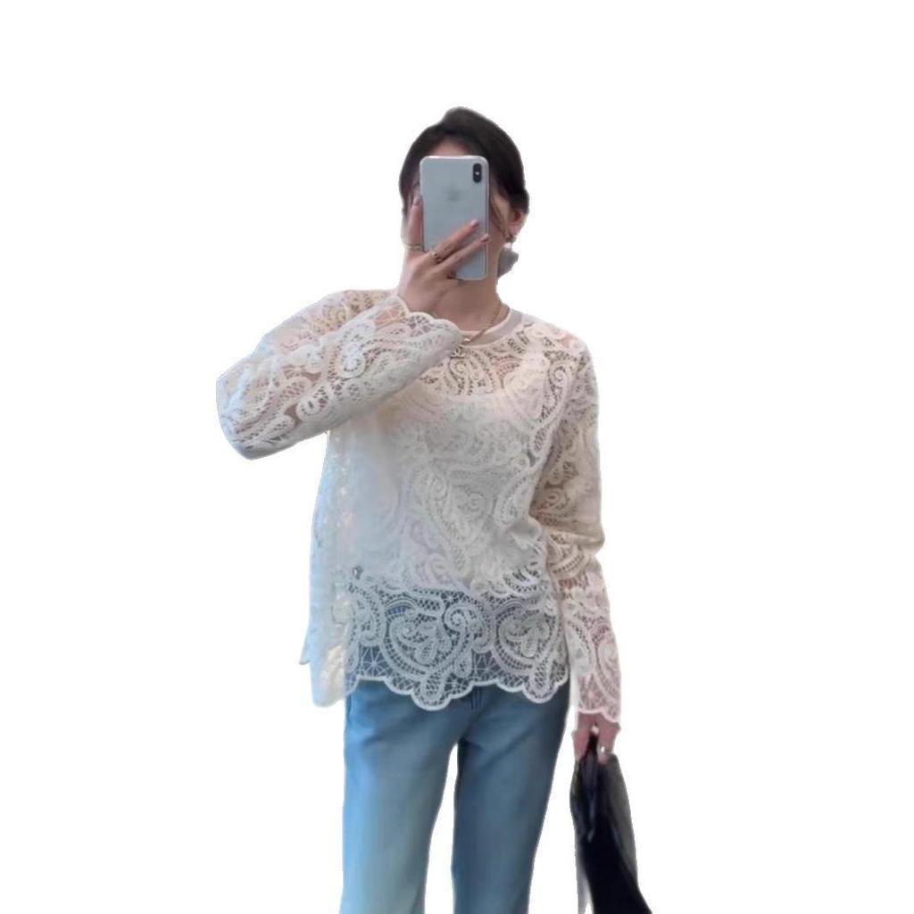 Women's High-End French Lace Cardigan - Hollow-Out Long Sleeve, Spring 2025 Trend, Versatile Layering Top