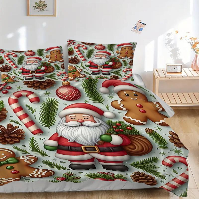 3pcs Christmas Holiday Gifts, Santa Claus & Gingerbread Man Bedding Set with 1 Quilt Cover and 2 Pillowcases (No Core), Anime Cartoon Design