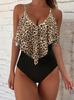 Conservative Plus Size Women's Ruffle Leopard One-Piece Swimsuit - European and American Style