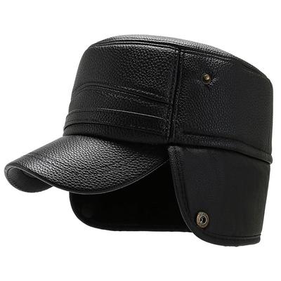 Pánský PU kožený klobouk pro střední věk a starší muže Zimní teplý Ochrana uší Ochrana krku Bavlněný klobouk pro starší muže Plus sametový Vodotěsný Klobouk s plochým vrškem