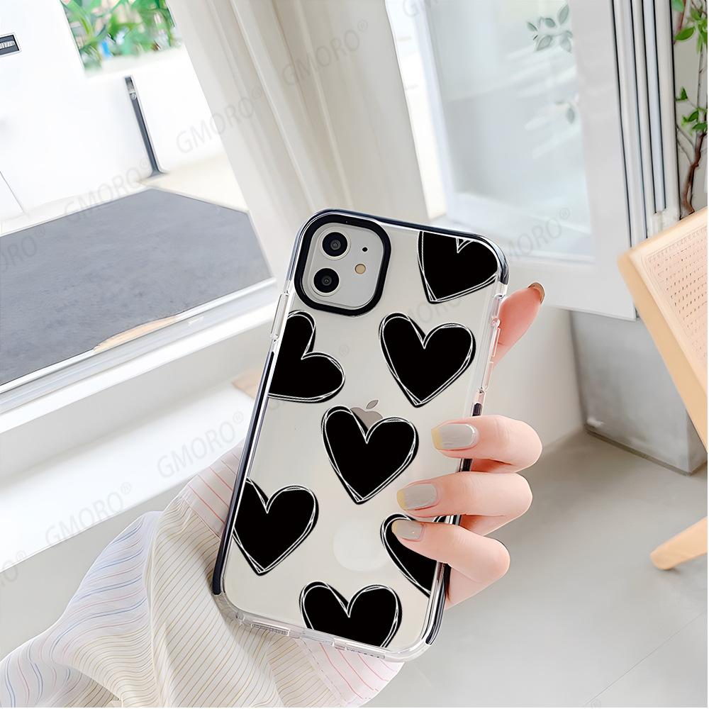 Ins Internet Celebrity Same iPhone13 Simple Black Love Mobile Phone Case Apple 16Pro Two-color Transparent Soft Case 17