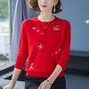 Spring Autumn Women's Crewneck Sweater Embroidered Loose Plus Size Knitwear Pullover Stretch Knit Top