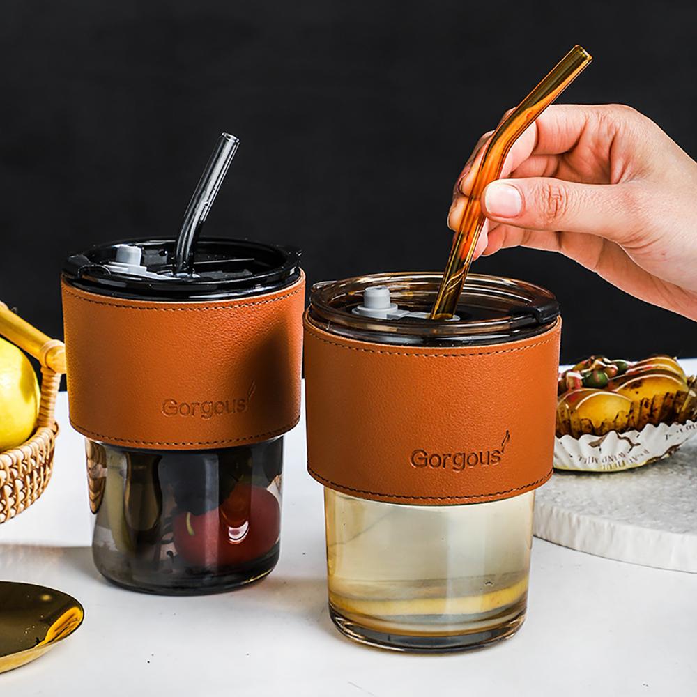 400ML Drinking Glasses with Lids Glass Straw Cup Set Can Shaped Glass Cups Beer Glasses Coffee Milk Juice Drinkware Tumbler Cup