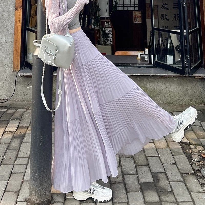 Spring Summer Women Skirts Vintage High Waist Elastic Patchwork Long Cake A-line Skirt Long Skirts for Women