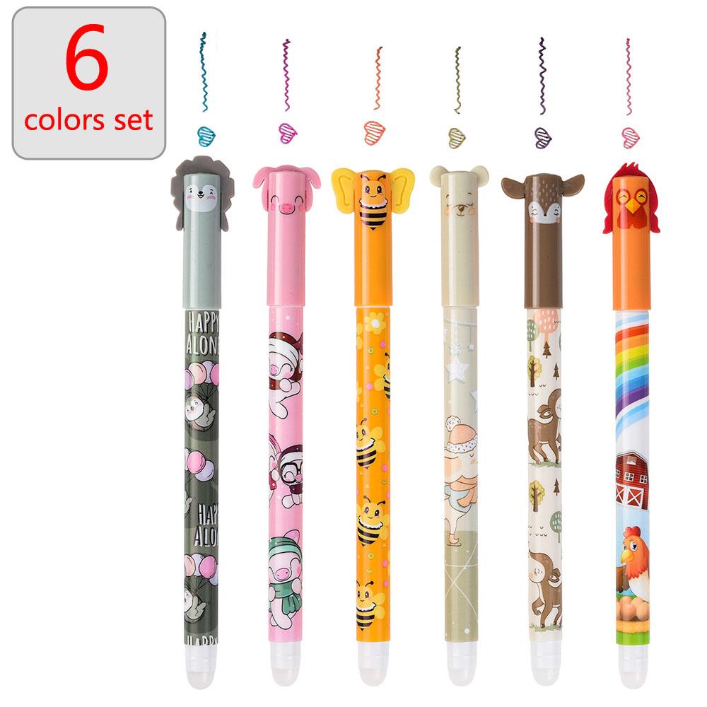 6 Colors Erasable Gel Pen 0.5mm Cute Cartoon Animal Erasable Pen Colors Ink Ballpoint Pen Writing Error Erasable for School