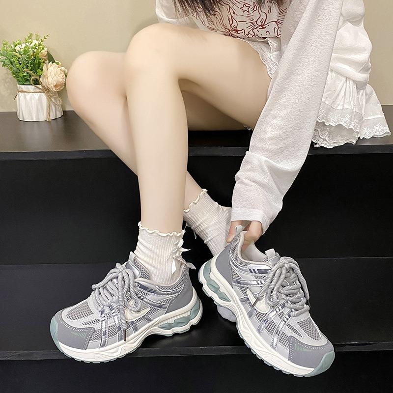 Retro niche leather platform dad shoes women's autumn new mesh breathable sneakers lightweight jogging shoes