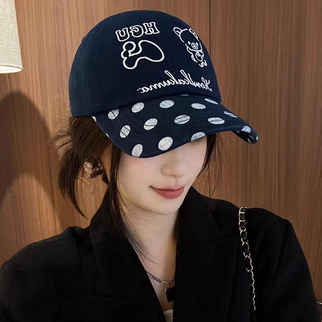 Korean Embroidery Rilakkuma Polka Dot Baseball Cap: Women's Spring/Autumn Fashion, Versatile Duckbill Hat for Slimming Face.