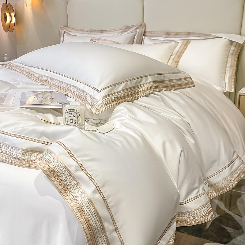 Premium 1000TC Egyptian Cotton Luxury Gold Embroidery Hotel Style Bedding Set Duvet Cover Flat/Fitted Bed Sheet Pillowcases 4Pcs