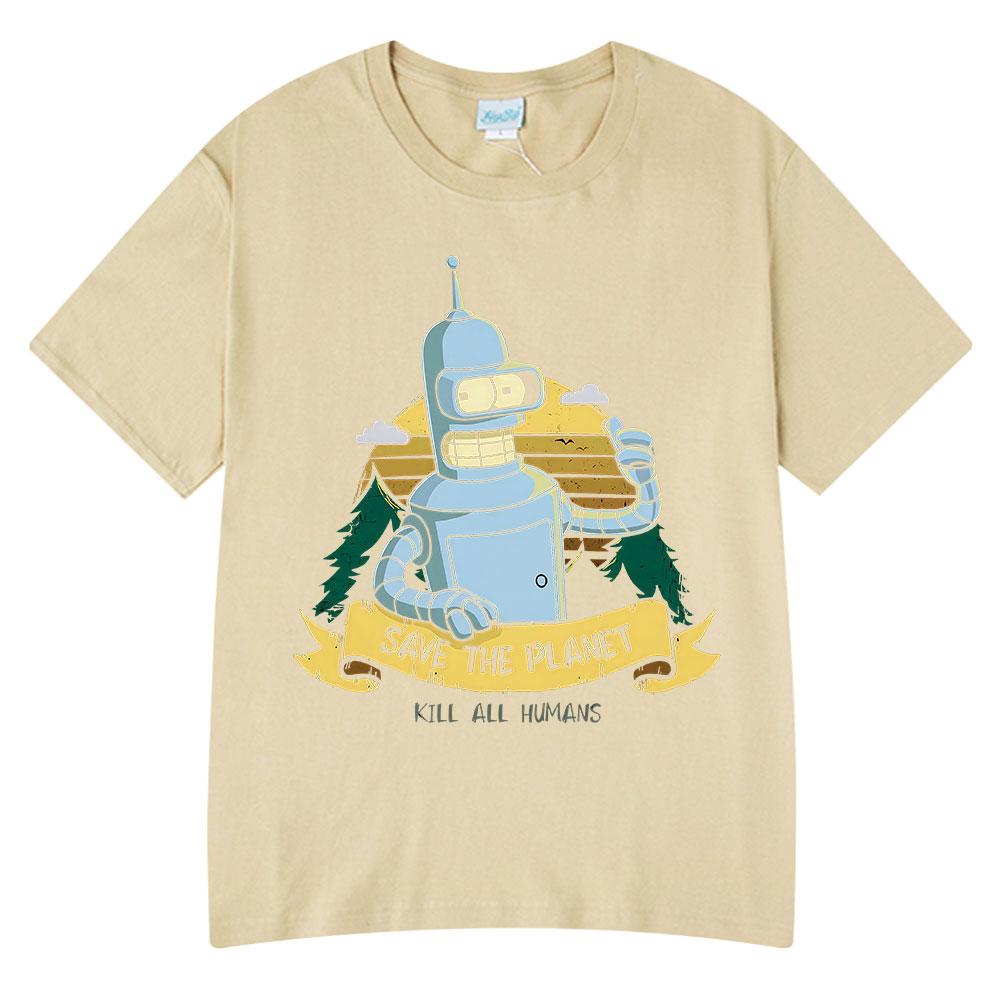 Save The Planet Kill All HuUnisexs Funny Robot Vintage T Shirts Unisex Women Clothing Short Sleeve Tshirts Oversized Cotton Tee Shirt