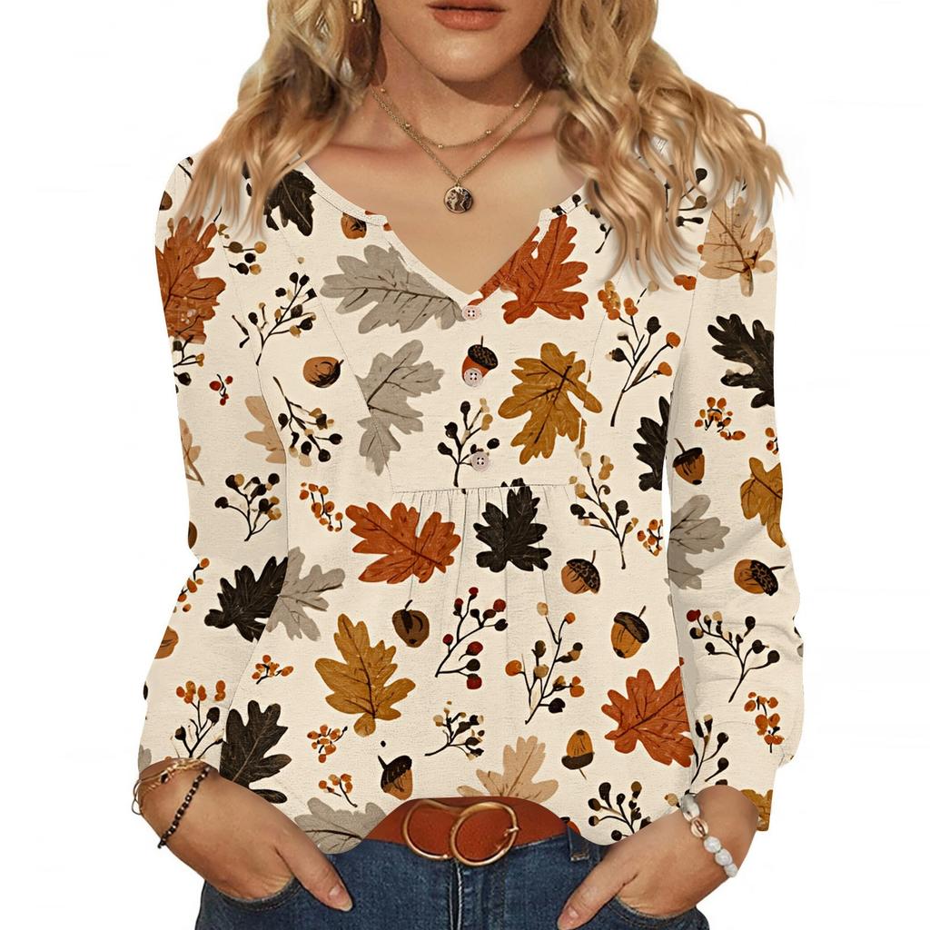 Women's Fashionable Casual V-neck Blouse Button Long-sleeved Pullover T-shirt Top