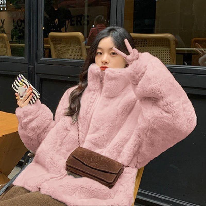 

Зимняя куртка из искусственного кроличьего меха, спортивная и повседневная, со стоячим воротником, капюшоном, утолщенное свободное меховое пальто 2XL 145-80kg