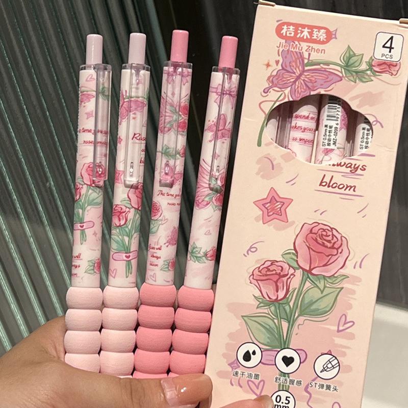 4Pcs Kawaii Butterfly Gel Pen Black Ink St Nib Writing Smooth Soft Grip Sponge Pen School Office Accessories Stationery Supplies
