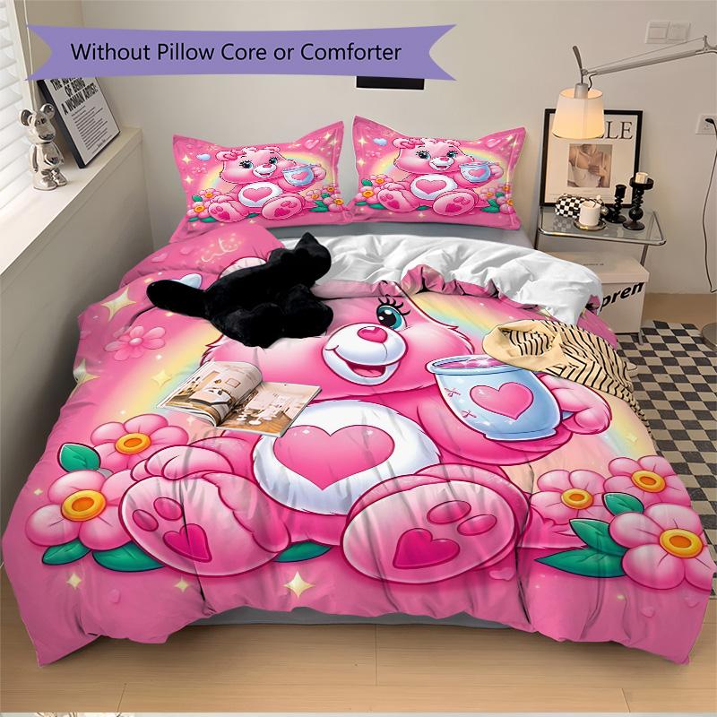 Pink Heart Bear Rainbow Print 3Pcs Bedding Setduvet Cover With 2 Bedropillowcase Home Birthday Gift