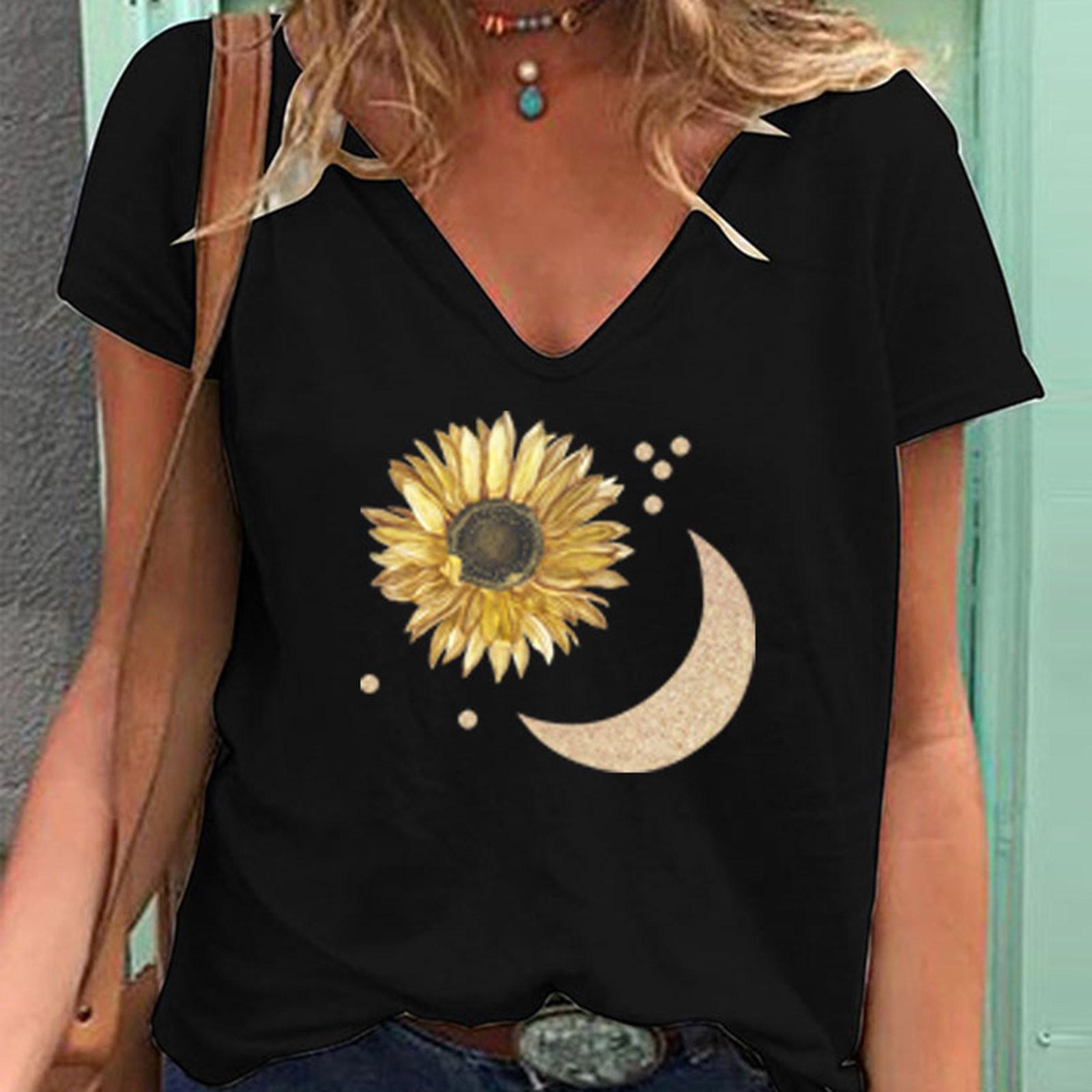 

Модные весенние блузки с принтом подсолнуха, футболки с коротким рукавом и V-образным вырезом, повседневные 8XL чёрный