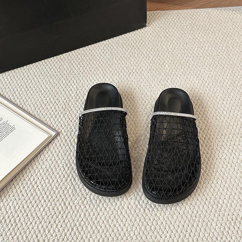 French hollow breathable mesh yarn bag head half slippers summer wear a pedal thick-soled fishing net boken heel shoes