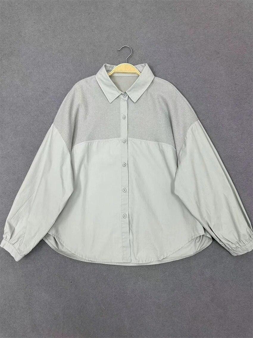 

Johnature, весенняя комбинированная повседневная рубашка, женский свободный кардиган, отложные простые лоскутные топы, блузки One Size светло-синий